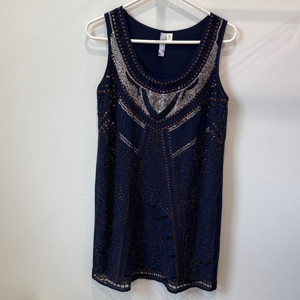 Navy Beaded Sequin Sleeveless Dress